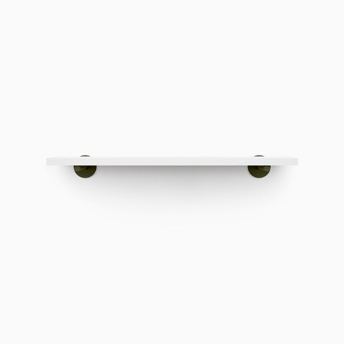 Roderick White Wall Shelf with smooth white hardwood and round forest green metal floating shelf brackets for stylish display