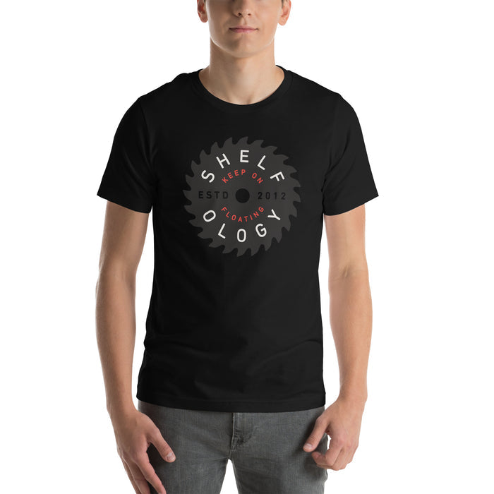 Rough Sawn T-shirt in black featuring circular saw blade graphic with minimalist design, casual unisex fit by Shelfology