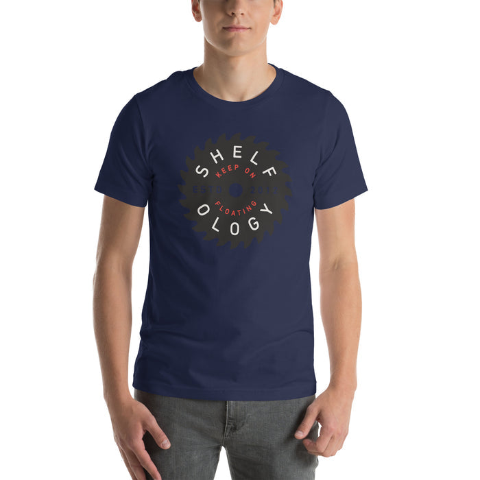Rough Sawn T-shirt in navy with circular saw blade graphic and bold Shelfology text, casual unisex fit by Shelfology