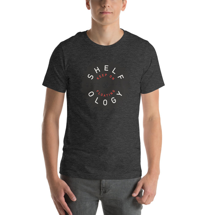 Rough Sawn T-shirt in dark grey heather with circular Shelfology text and red "Keep on floating" slogan, unisex fit
