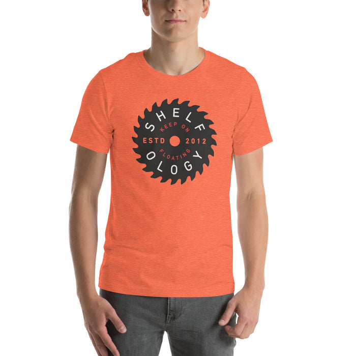 Rough Sawn T-shirt in heather orange with bold circular saw blade graphic and Shelfology branding, unisex fit