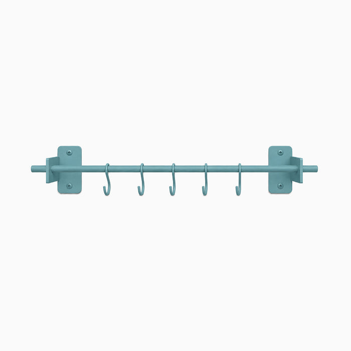 Rue Utensil Rack in steel blue with five hooks, designed to maximize wall space with durable, rust-resistant material for kitchen organization.