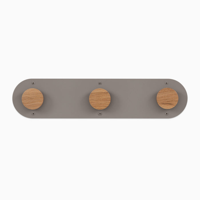 Runda Coat Rack 3 with solid white oak pegs and muted gray steel base for minimalist wall hooks and organization