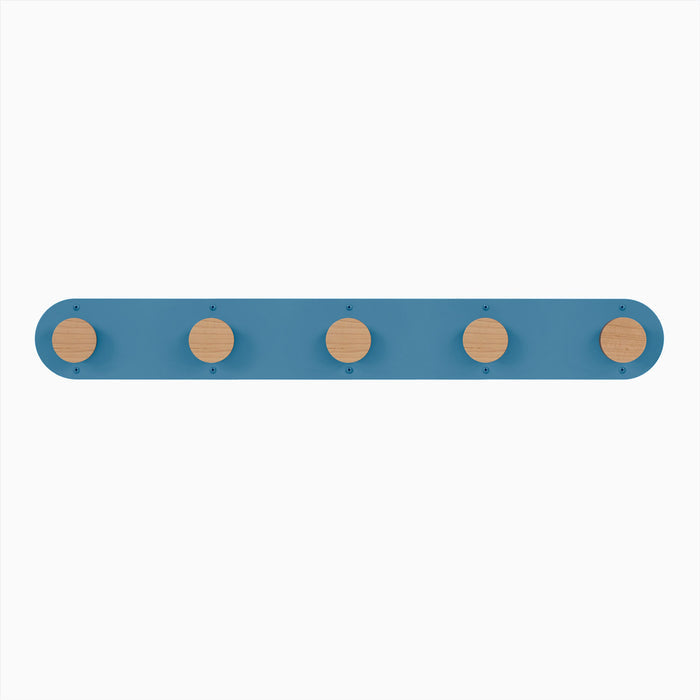 Runda Coat Rack 5 with five solid hardwood pegs on a muted blue steel base for minimalist wall hooks and organization