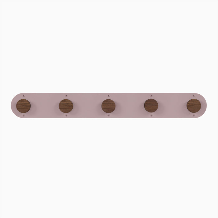 Runda Coat Rack 5 with solid walnut hardwood pegs on muted pink steel base for stylish wall hooks and organization