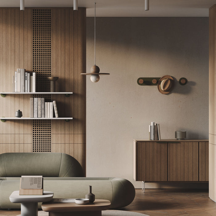 Clearance — Runda Coat Rack 5 with five mixed-material hardwood pegs on a dark metal base for elegant wall hooks and organization