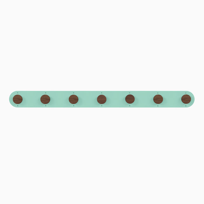 Runda Coat Rack 7 with seven solid walnut hardwood pegs on a mint steel base for minimalist wall hooks and organization