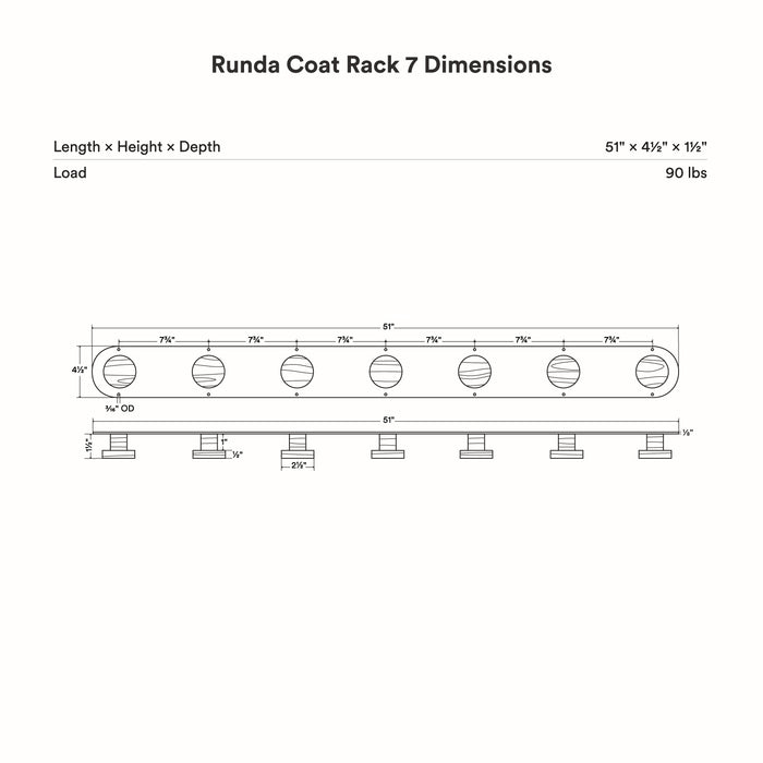 Runda Coat Rack 7 with seven round pegs on a slim steel base designed for efficient wall hooks and organization
