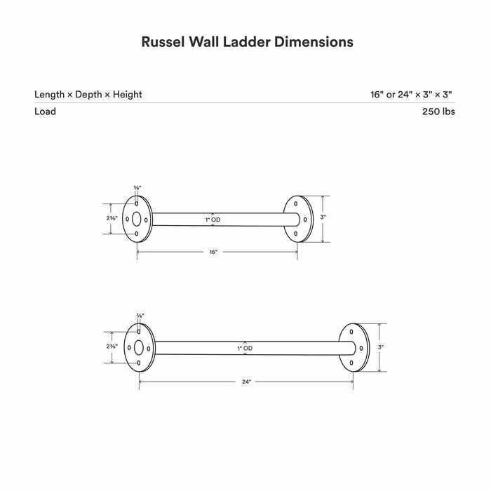 Russel Wall Ladder technical drawing showing precise dimensions for 16-inch and 24-inch lengths with mounting plate details and load capacity.