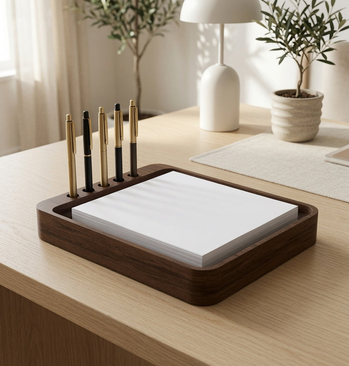 Scranton Office Tray in rich walnut finish on a light wood desk, holding white notepad and six gold and black pens, minimalist workspace design.