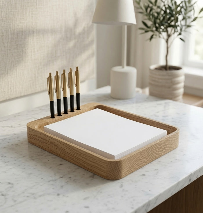 Scranton Office Tray in solid hardwood with pen holders and paper stack, minimalist design ideal for organized desks and office spaces.