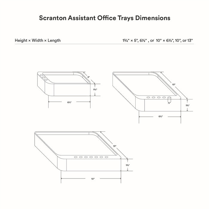 Technical line drawing showing dimensions of three sizes of Scranton Office Tray with measurements labeled for height, width, and length in a minimalist style.