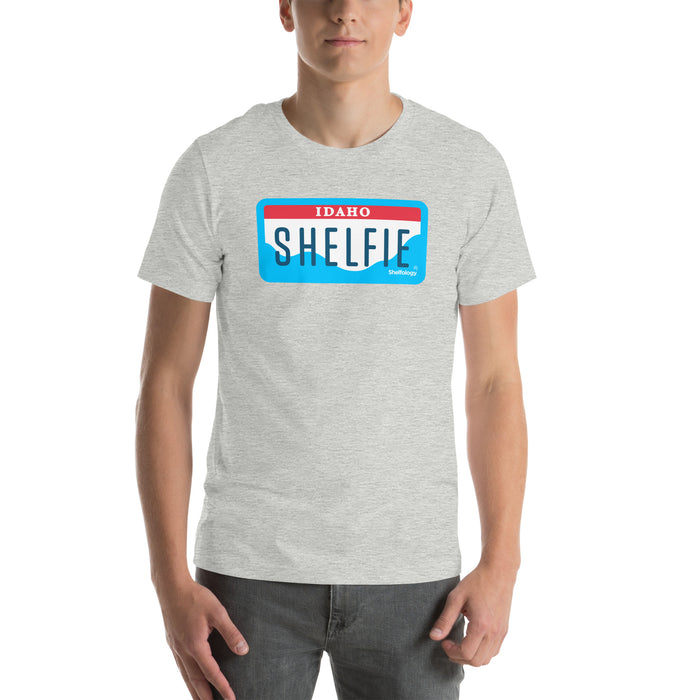 Shelfie T-shirt in athletic heather gray with Idaho-themed bold graphic, casual unisex fit ideal for everyday wear