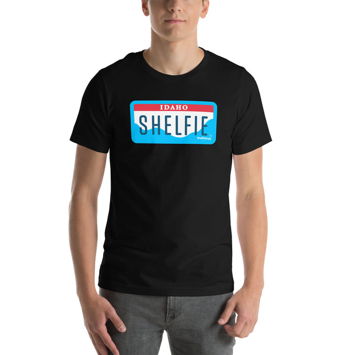 Shelfie T-shirt in black with Idaho license plate-inspired graphic, minimalist design for casual unisex style