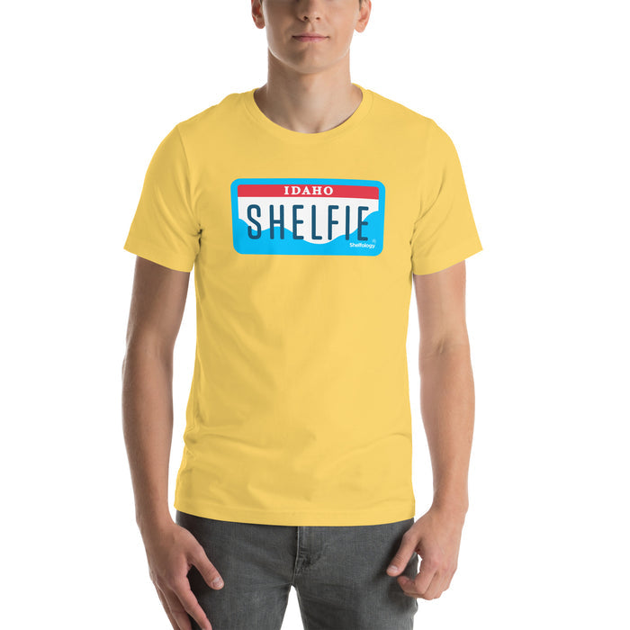 Shelfie T-shirt in bright yellow with Idaho license plate-inspired graphic, casual unisex fit for everyday wear