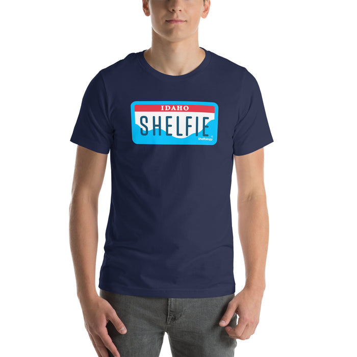 Shelfie T-shirt in navy blue with Idaho license plate-inspired graphic, casual unisex fit designed by Shelfology