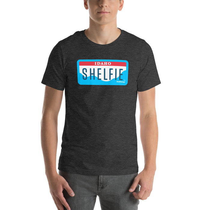 Shelfie T-shirt in dark grey heather with Idaho-inspired license plate graphic, casual unisex fit by Shelfology