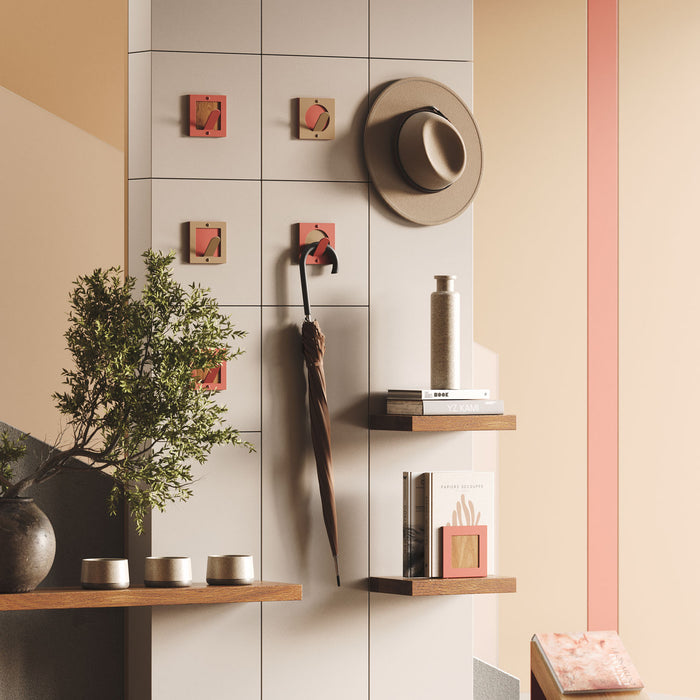 Shingle Round Wall Hook in muted red powder-coated steel with sturdy, minimalist design for stylish wall organization by Shelfology