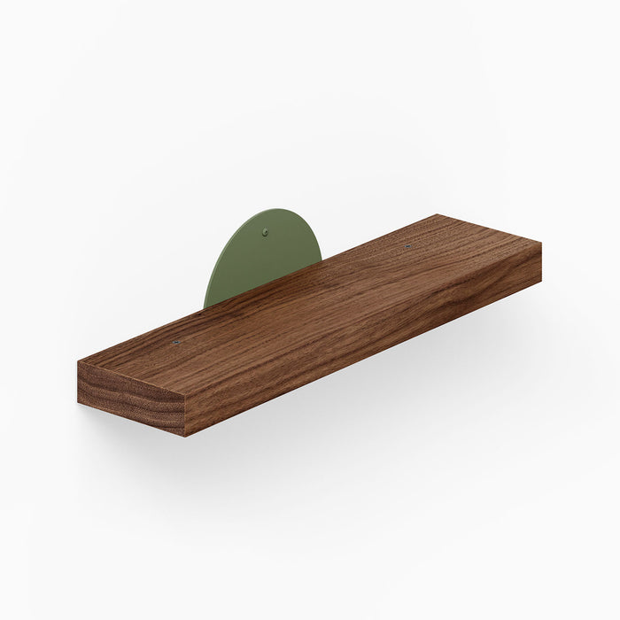 Shortie Deux Wall Shelf with walnut wood plank and matte olive green steel bracket, combining solid hardwood and metal floating shelf design.