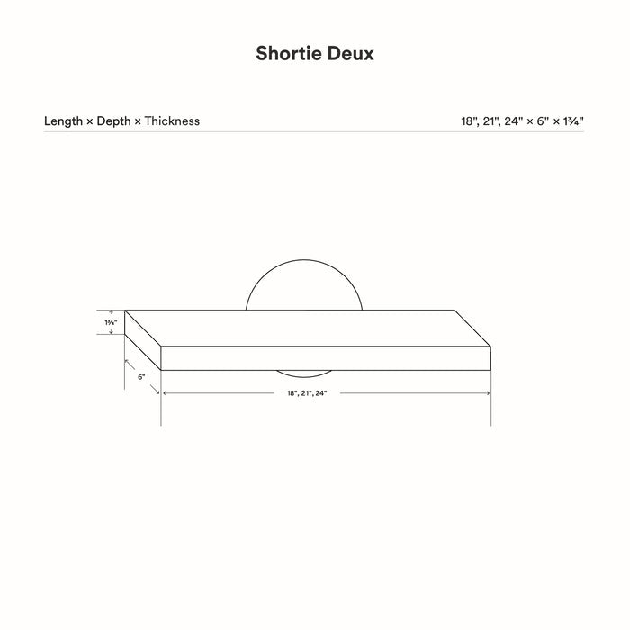 Diagram showing dimensions of the Shortie Deux Wall Shelf in three lengths with a depth of six inches and thickness of one and three-quarters inches.