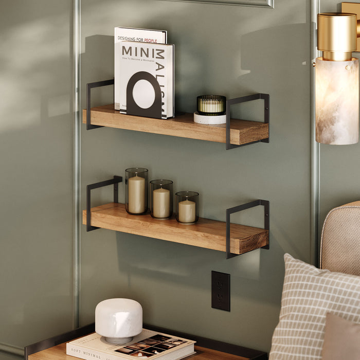 Shortie Maple Wall Shelf with black steel brackets holding decor and candles on neutral wall above side table in cozy room