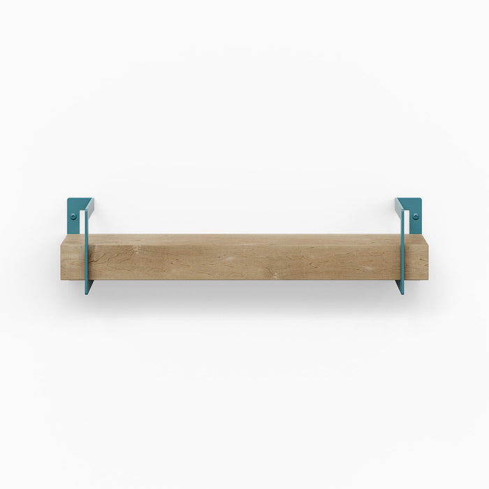 Shortie Maple Wall Shelf with teal steel brackets showcasing solid hardwood floating shelf for stylish wall display and organization