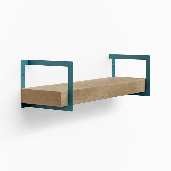 Shortie Maple Wall Shelf with solid hardwood and teal steel brackets for modern floating shelf display and storage solutions