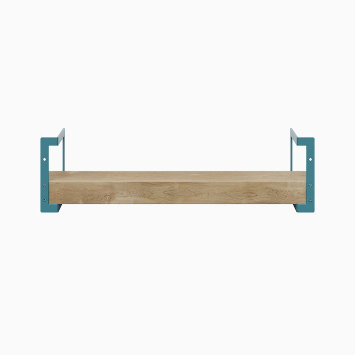 Shortie Maple Wall Shelf with solid hardwood and aquasocks steel brackets for streamlined floating shelf display and storage