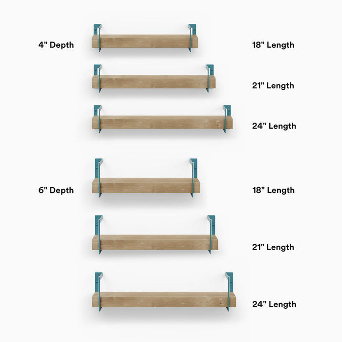 Shortie Maple Wall Shelf with solid hardwood and teal steel brackets shown in 4" and 6" depths with multiple length options