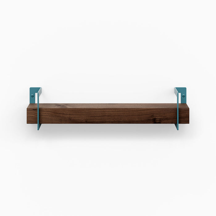 Shortie Walnut Wall Shelf with solid hardwood and teal steel brackets for compact floating shelf display and organization