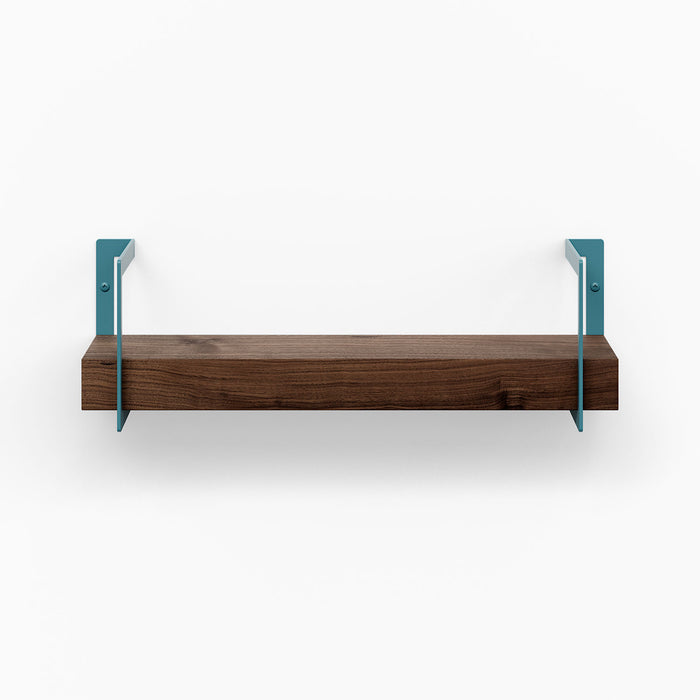 Shortie Walnut Wall Shelf with solid hardwood and teal steel brackets for a durable mixed-material floating shelf display