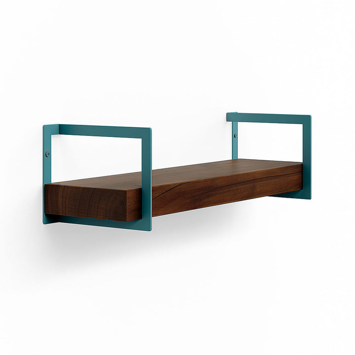 Shortie Walnut Wall Shelf featuring solid hardwood and teal steel brackets for a stylish mixed-material floating shelf display