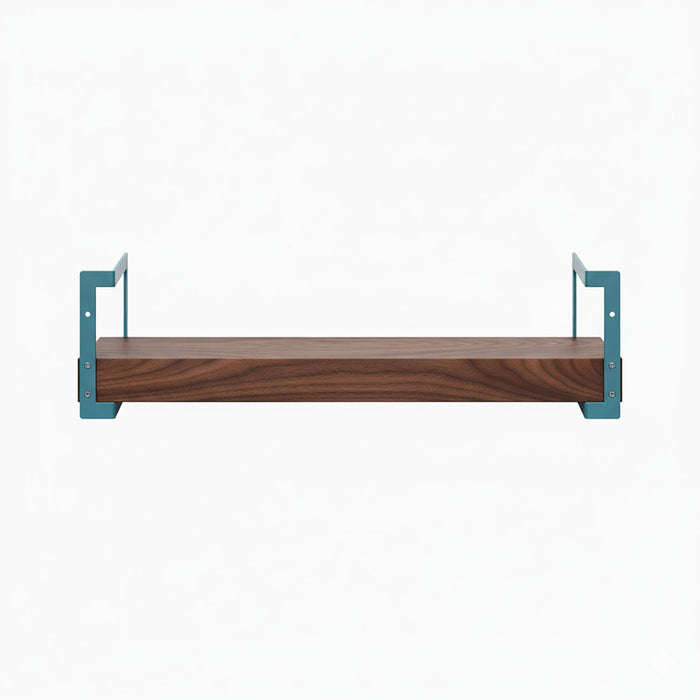 Shortie Walnut Wall Shelf with solid hardwood and teal steel brackets for minimalist floating shelf display and storage