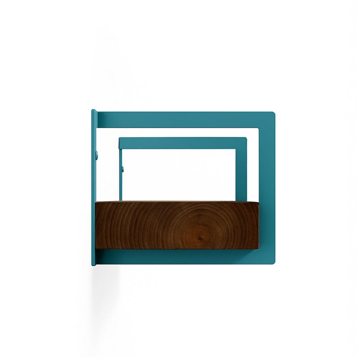 Shortie Walnut Wall Shelf with solid hardwood and aqua steel brackets for a stylish wood and metal floating display ledge