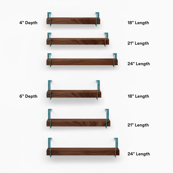 Shortie Walnut Wall Shelf in various lengths and depths featuring solid hardwood with teal steel brackets for floating display