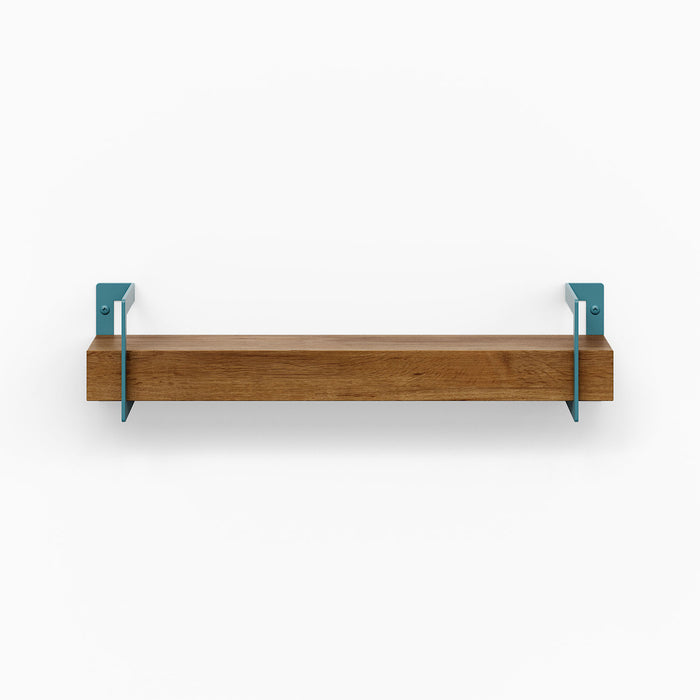 Shortie White Oak Wall Shelf with solid wood and teal steel brackets for minimalist functional mixed-material wall display