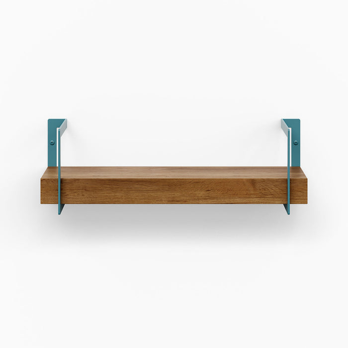 Shortie White Oak Wall Shelf with solid wood and teal steel brackets for a clean minimalist mixed-material wall display