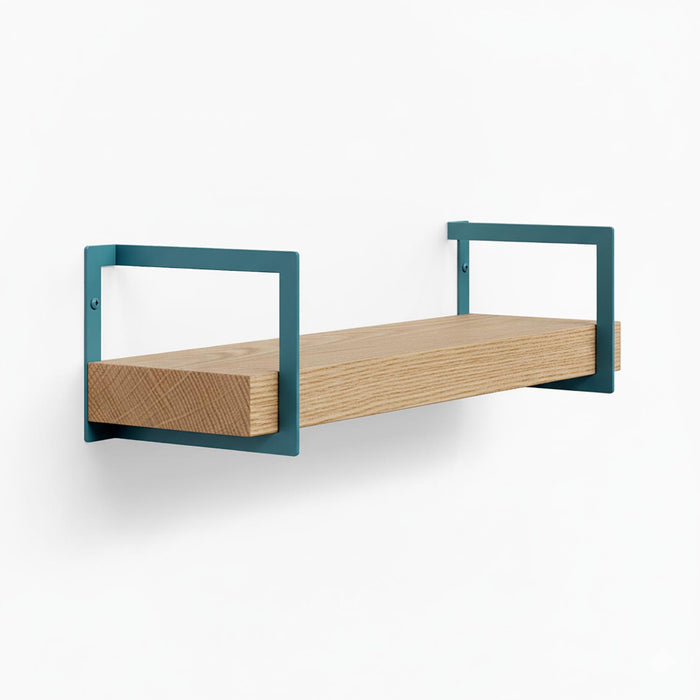 Shortie White Oak Wall Shelf with solid wood and teal steel brackets for a modern mixed-material floating display