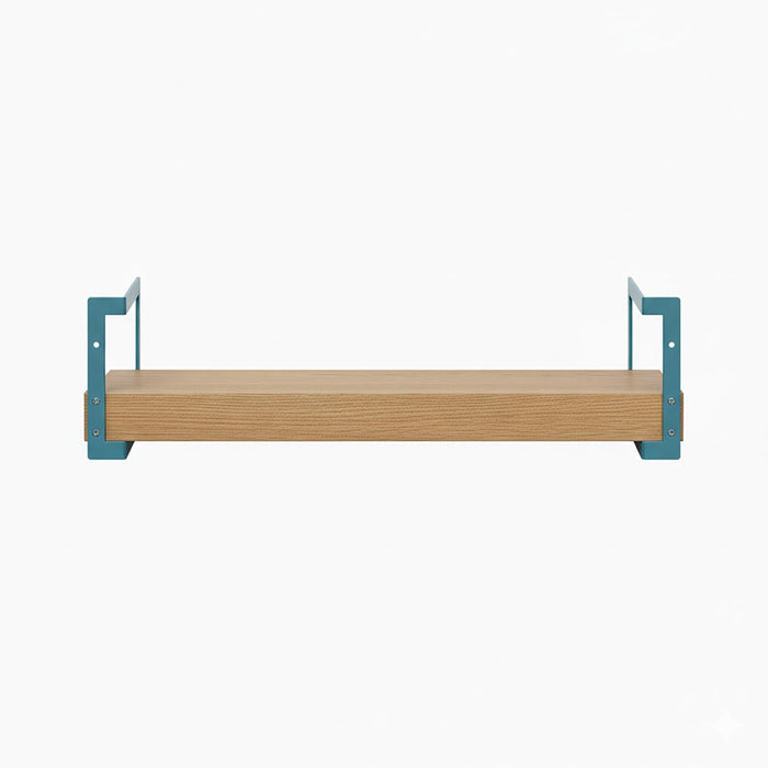 Shortie White Oak Wall Shelf with solid wood and teal steel floating shelf brackets for modern mixed-material display and storage
