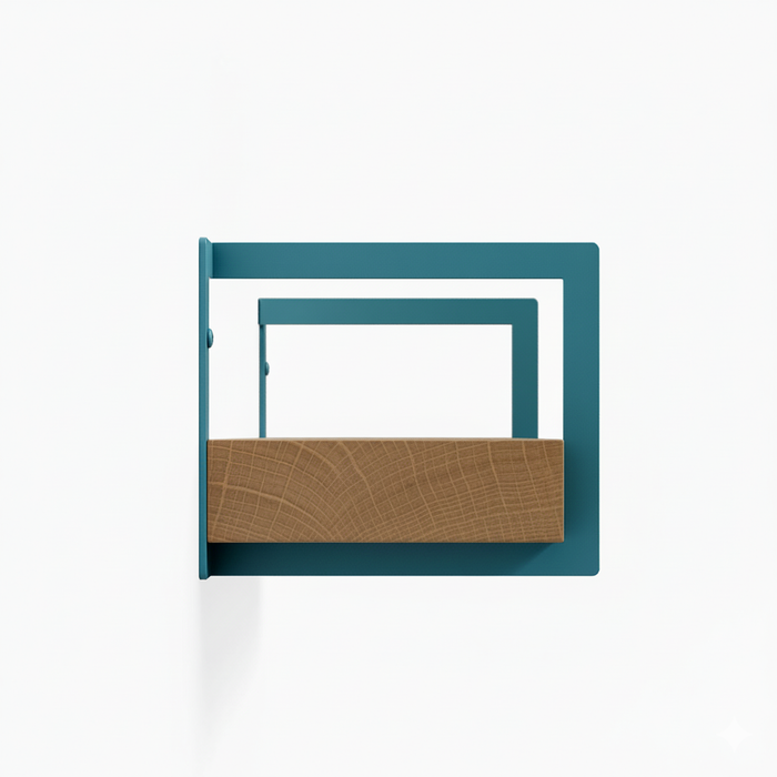 Shortie White Oak Wall Shelf with solid oak and aqua steel brackets for a modern mixed-material floating display and storage