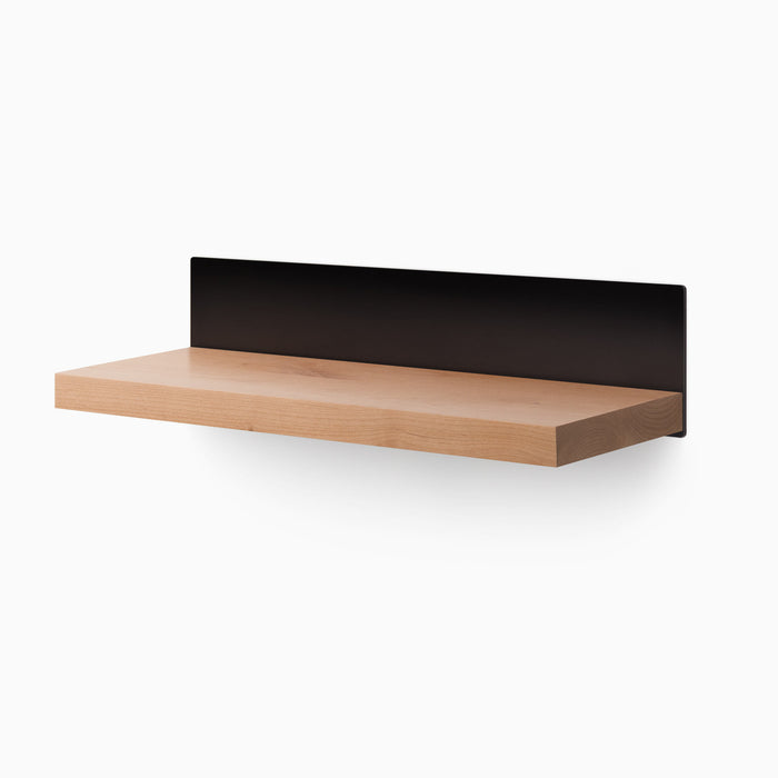 Skaksel Alder Floating Shelf featuring solid alder wood and matte black steel mount for sleek wall shelf display and organization
