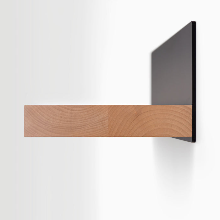 Skaksel Alder Floating Shelf with solid alder wood and matte black steel mount for sleek wall display and organization