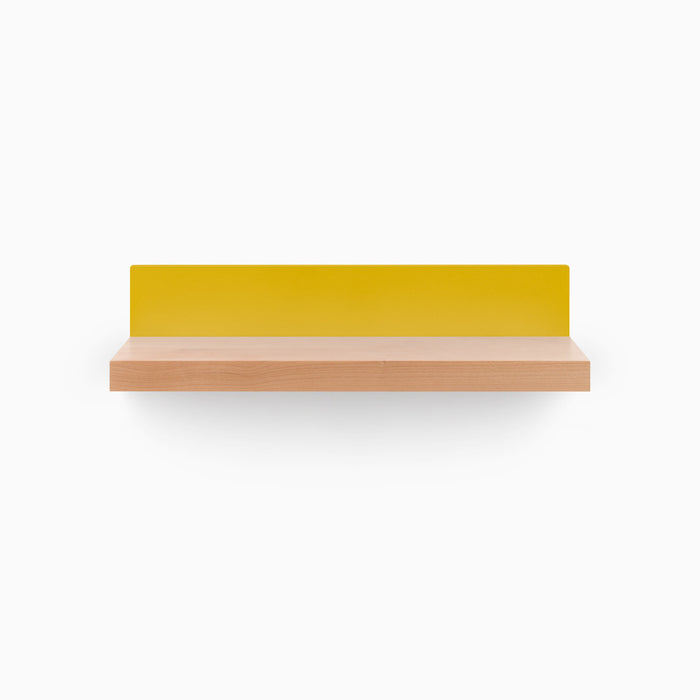 Skaksel Alder Floating Shelf with solid alder wood and vibrant mustard steel mount for modern wall display and organization