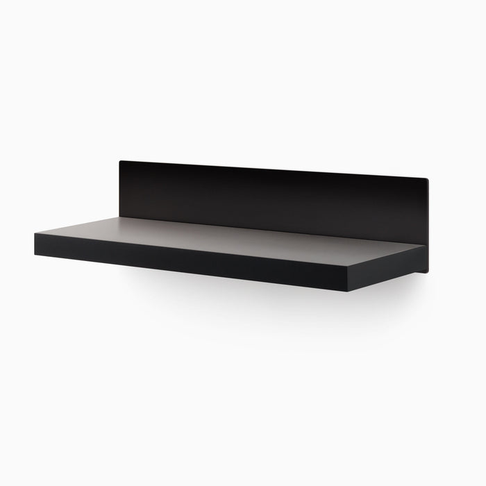 Skaksel Black Floating Shelf with solid black ledge and steel mount for sleek modern wall display and organization