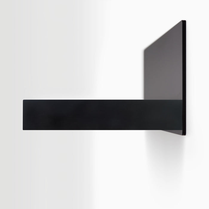 Skaksel Black Floating Shelf with solid black ledge and minimalist steel wall mount for sleek modern storage and display