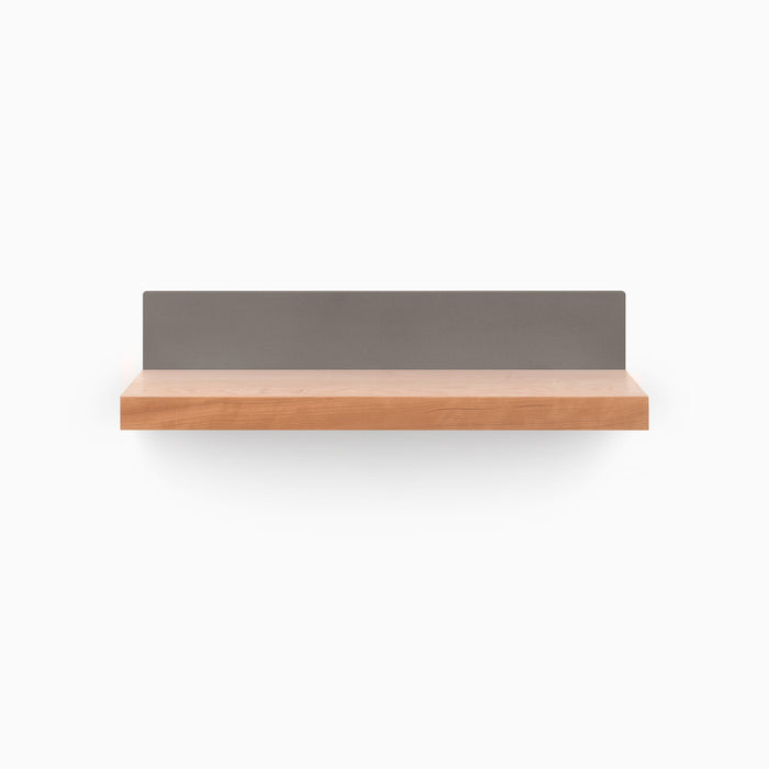 Skaksel Cherry Floating Shelf with solid cherry wood and sleek arsenic-colored steel mount for modern wall display and organization