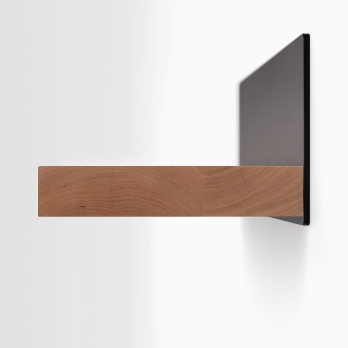 Skaksel Cherry Floating Shelf with solid cherry wood and matte black steel mount for sleek wall shelf display and organization
