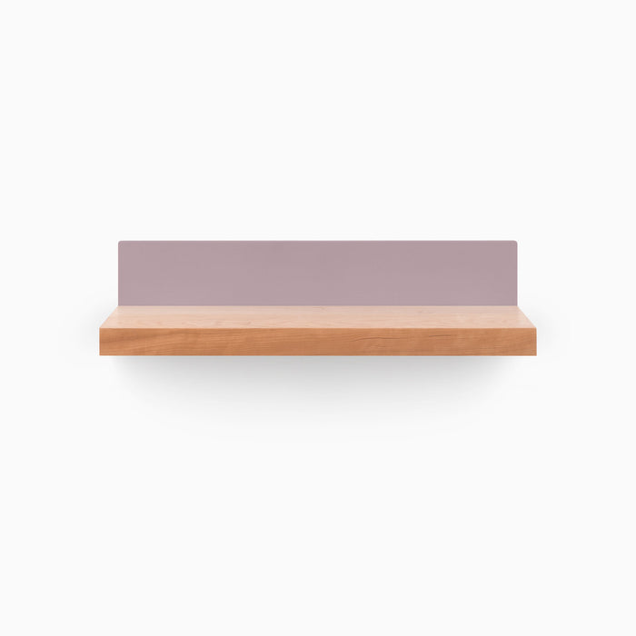Skaksel Cherry Floating Shelf featuring solid cherry wood with a muted purple steel mount for stylish wall display and organization