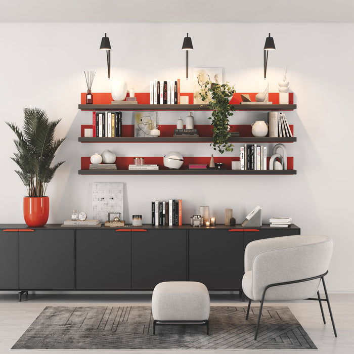 Skaksel Espresso Floating Shelf with solid wood and vibrant red steel mount for modern wall display and organization