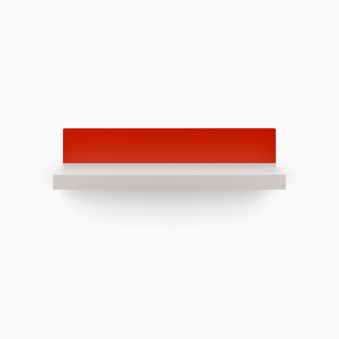 Skaksel Concretey Floating Shelf with smooth white ledge and bold red steel back panel for modern wall display and organization